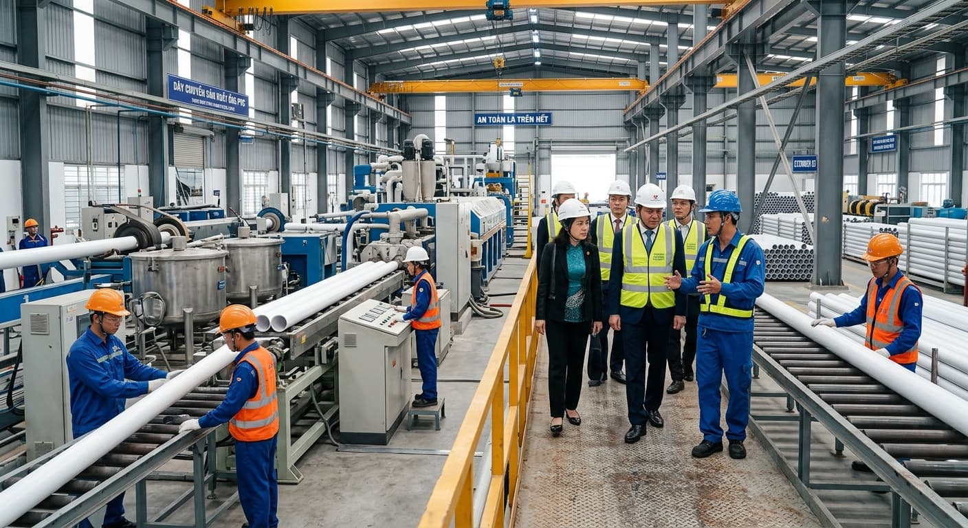 Lãnh đạo thăm quan dây chuyền sản xuất ống PVC tại nhà máy HDV Ngọc Nguyễn
